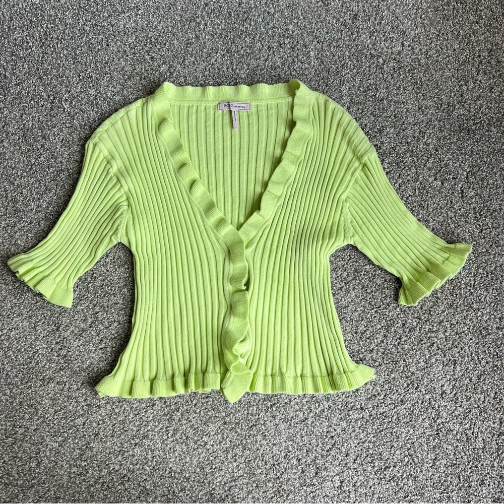 BCBGeneration Lime Green Short Sleeve Ruffle Cardigan, Size Large‎